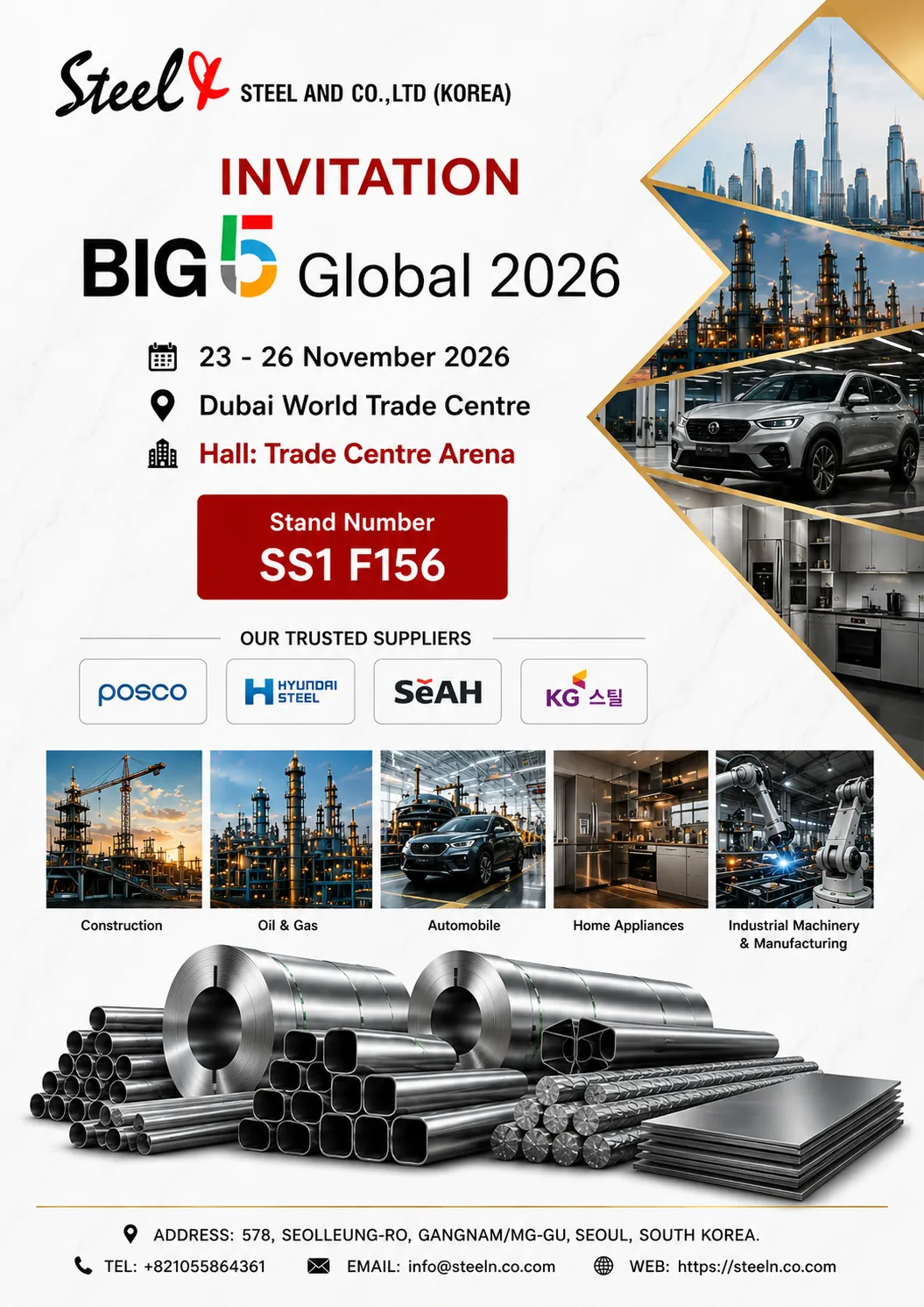 STEELN Steel And Co. Ltd Korea Big 5 Global 2026 invitation, Dubai World Trade Centre, Stand SS1 F156